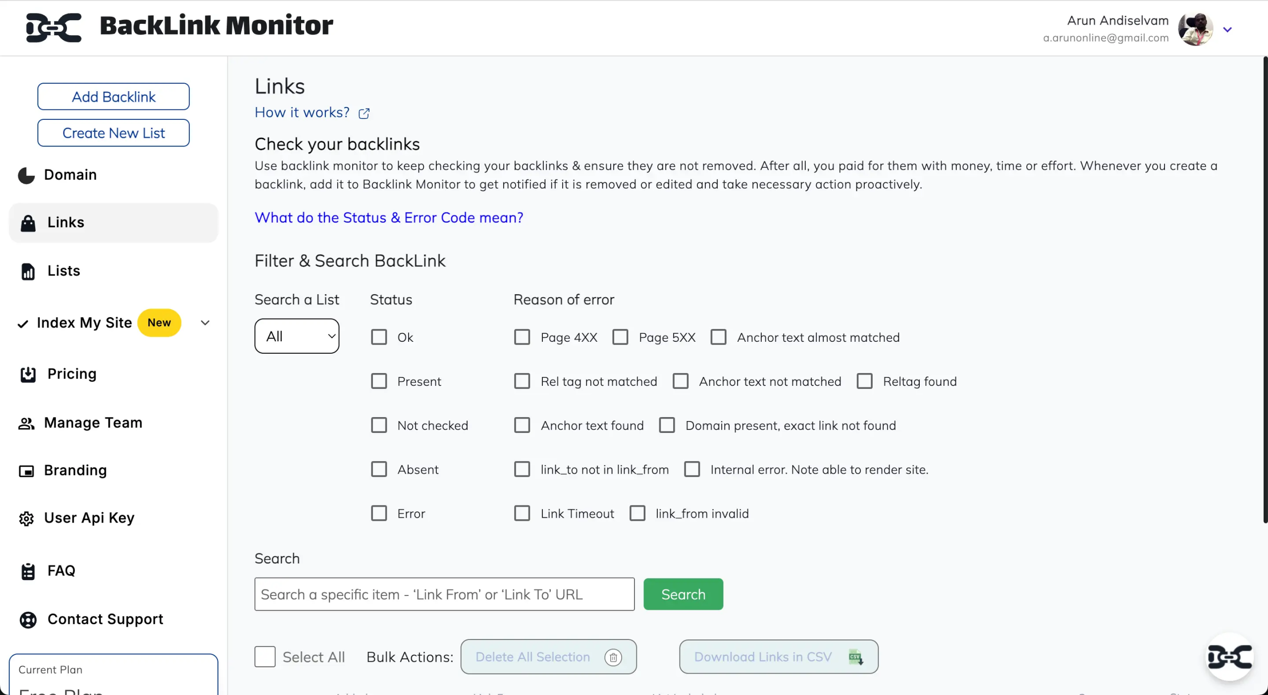 Backlinkmonitor.co - Dashboard