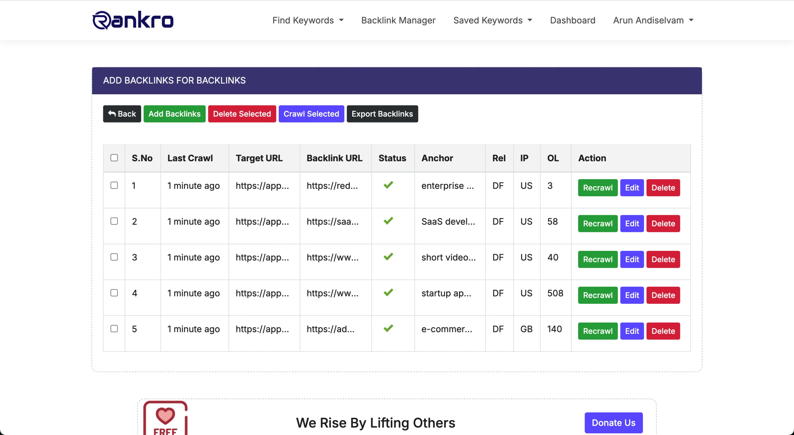 Rankro - Backlink Manager Dashboard