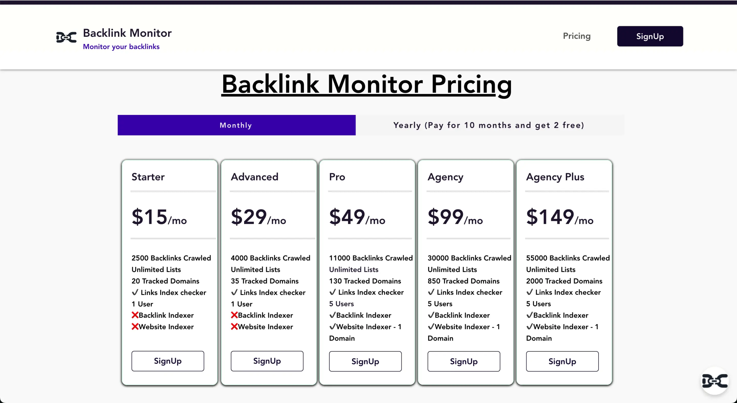 Backlinkmonitor.com - Pricing Page