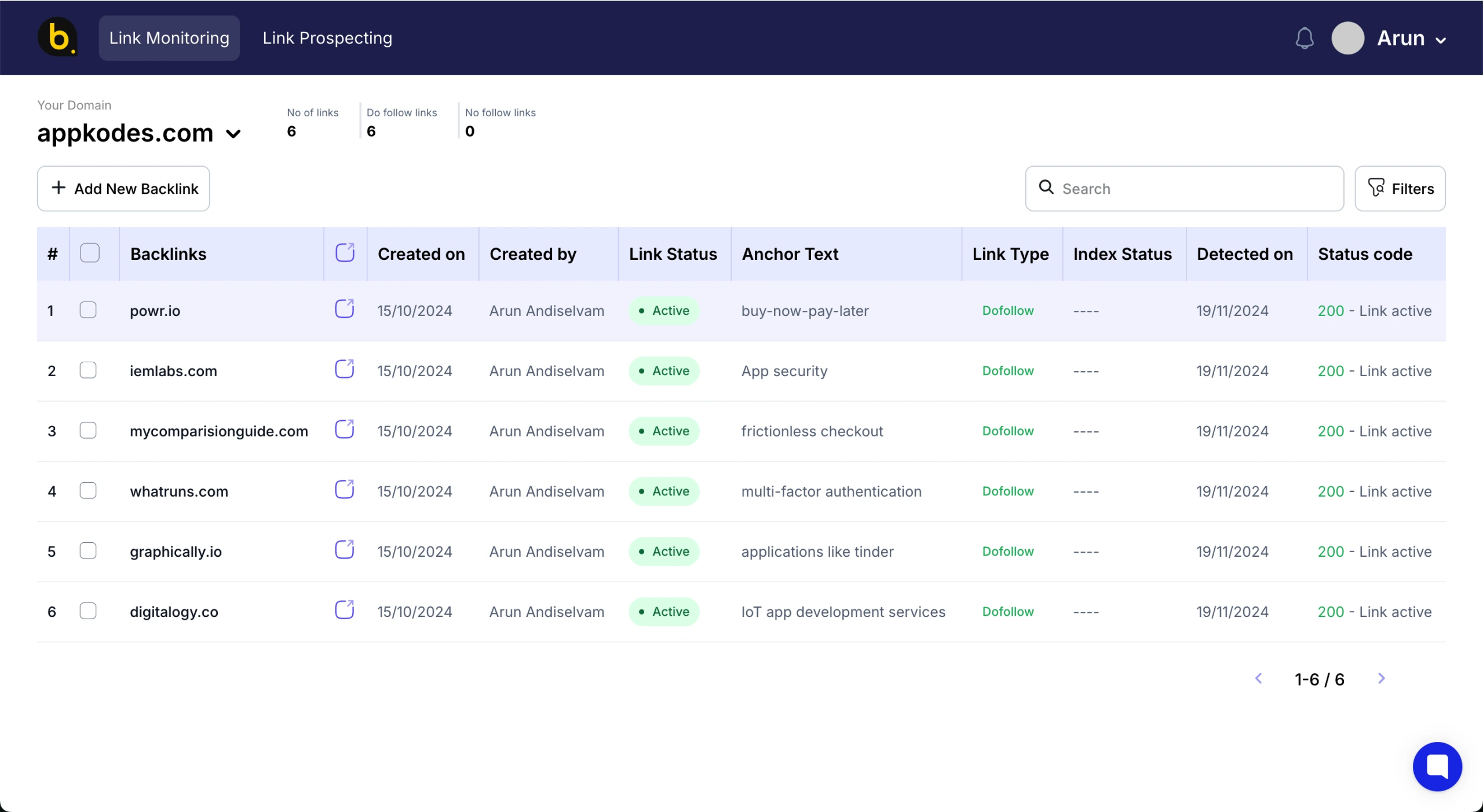 Backlinkmonitor.com - Dashboard